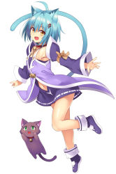 Rule 34 | &gt;:3, &gt;:d, 1girl, :3, :d, alternate hair length, alternate hairstyle, animal, animal ears, antenna hair, arm ribbon, armpit peek, bell, blue hair, cat, cat ears, cat tail, clothing cutout, collar, collarbone, commentary request, criss-cross halter, detached sleeves, dress, facial scar, fang, flat chest, fortissimo, full body, green eyes, hair between eyes, hair ornament, halterneck, highres, jingle bell, jumping, kemonomimi mode, leg up, long sleeves, looking at viewer, looking to the side, mahcdai, mole, mole under eye, musical note, musical note hair ornament, navel, navel cutout, neck bell, open mouth, orange ribbon, original, outstretched hand, planol note, purple dress, purple footwear, purple shirt, quaver, red collar, ribbon, scar, scar on cheek, scar on face, shiny skin, shirt, short dress, short hair, simple background, sleeveless, sleeveless dress, smile, staff (music), tail, v-shaped eyebrows, white background, yellow eyes