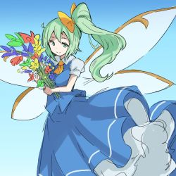 Rule 34 | 1girl, ascot, bifidus (exkagerou8665), blue background, blue sky, bouquet, bow, daiyousei, fairy wings, flower, green eyes, green hair, highres, looking at viewer, one-hour drawing challenge, puffy sleeves, shirt, short sleeves, sky, smile, solo, tareme, touhou, wings
