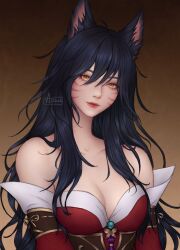 Rule 34 | 1girl, ahri (league of legends), animal ears, artelsia, artist name, bare shoulders, breasts, brown background, cleavage, closed mouth, collarbone, detached sleeves, facial mark, fox ears, fox girl, hair between eyes, highres, kyuubi, large breasts, league of legends, orange eyes, red lips, red sleeves, smile, solo, upper body, whisker markings