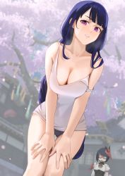 Rule 34 | 2girls, absurdres, architecture, bare shoulders, bending, black hair, blurry, blurry background, breasts, casual, cleavage, collarbone, commentary, commentary request, contemporary, day, detached sleeves, east asian architecture, english commentary, falling petals, genshin impact, hand on own thigh, highres, japanese clothes, kujou sara, large breasts, long hair, looking at viewer, mask, mask on head, mole, mole under eye, multiple girls, off shoulder, open mouth, outdoors, panties, parted lips, petals, purple eyes, purple hair, raiden shogun, short hair, sleeveless, smile, steaming body, surprised, symbol-only commentary, thighhighs, tree, underwear, wusie2