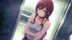 Rule 34 | 1girl, bare shoulders, blush, breasts, choker, collarbone, hand on own arm, idolmaster, idolmaster shiny colors, indoors, long hair, looking at viewer, medium breasts, midriff peek, off shoulder, official art, osaki amana, parted lips, plant, potted plant, raised eyebrows, red hair, shirt, skirt, solo, stairs, swept bangs, wet, wet clothes, wet hair, wet shirt, yellow eyes