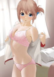 Rule 34 | 1girl, :o, absurdres, armpit crease, blush, bra, breasts, brown hair, cleavage, collarbone, curtains, folded ponytail, highres, indoors, komaki manaka, looking at viewer, medium breasts, navel, open clothes, open shirt, panties, pink bra, pink panties, sidelocks, solo, stomach, tama (tamago), to heart (series), to heart 2, underwear