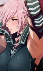 Rule 34 | 1girl, armor, armpit focus, armpits, arms up, blue eyes, blush, breasts, close-up, commentary request, eyelashes, final fantasy, final fantasy xiii, highres, ishii takamori, large breasts, lightning farron, lightning returns: final fantasy xiii, looking to the side, parted lips, pink hair, sidelocks, solo, square enix, upper body