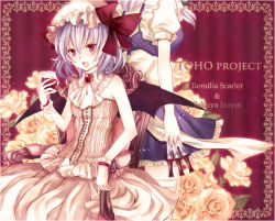 Rule 34 | 2girls, alternate costume, apron, ascot, back-to-back, bad id, bad pixiv id, bare shoulders, bat wings, bow, brooch, character name, copyright name, cup, dress, drinking glass, female focus, flower, hat, hat bow, izayoi sakuya, jewelry, knife, light purple hair, maid, maid apron, mob cap, multiple girls, nozomi fuuten, pink eyes, puffy short sleeves, puffy sleeves, remilia scarlet, short hair, short sleeves, sitting, skirt, skirt set, touhou, waist apron, white dress, wine glass, wings, wrist cuffs