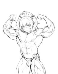 Rule 34 | 1girl, abs, arms up, bandaid, bandaids on nipples, bara, barbara (genshin impact), bodybuilder, closed mouth, commentary, cowboy shot, cross, english commentary, flexing, genderswap, genderswap (ftm), genshin impact, greyscale, highres, jason kim, loincloth, long hair, looking at viewer, meme, monochrome, muscular, muscular female, pasties, pectorals, simple background, sketch, smile, solo, thick arms, twintails