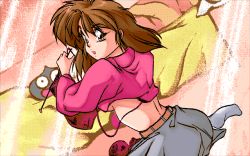 Rule 34 | 1990s (style), 1girl, air duel, ass, bed, bedroom, belt, breasts, brown belt, brown eyes, brown hair, character pillow, clothes lift, dragon quest, from behind, game cg, grey skirt, knitting, long hair, long sleeves, looking at viewer, looking back, medium breasts, midriff, open mouth, pc98, pillow, pink scarf, pink shirt, retro artstyle, scarf, shirt, shirt lift, skirt, slime (dragon quest), socks, square enix, teeth, unworn scarf, white socks, yarn, yarn ball