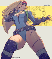 Rule 34 | 1girl, alternate costume, alternate hairstyle, belt pouch, blue eyes, blue leotard, bodypaint, boots, breasts, cammy white, camouflage, capcom, character name, cleavage, clenched hand, commission, fighting stance, fingerless gloves, gloves, goggles, goggles on head, hair down, knee boots, knee pads, leotard, lips, long hair, long sleeves, medium breasts, no bra, over-kneehighs, patreon username, pouch, rejean dubois, serious, sketch, solo, street fighter, thick thighs, thighhighs, thighs, throat microphone, unzipped, zoom layer