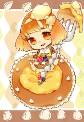 Rule 34 | 1girl, absurdres, apron, argyle, argyle background, argyle clothes, bow, brown eyes, brown hair, butter, dress, food, food-themed hair ornament, fork, frilled dress, frills, full body, futakawa makoto, hair ornament, highres, looking at viewer, morinaga &amp; company, morinaga (brand), orange dress, original, oversized object, short hair, smile, solo, striped, striped bow
