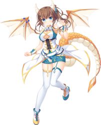 Rule 34 | 1girl, armlet, ascot, belt, blue eyes, breasts, brooch, brown hair, cleavage, clothing cutout, coattails, dragon girl, dragon horns, dragon tail, dragon wings, drapri guu-ta-life, full body, garter straps, hair ornament, hairclip, highres, horns, ichinose suzuka, jewelry, large breasts, long hair, looking at viewer, official art, side ponytail, smile, solo, tail, takano yuki (allegro mistic), thighhighs, transparent background, white thighhighs, wings, wrist cuffs