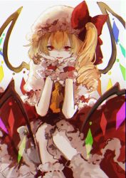 Rule 34 | 1girl, absurdres, ascot, blonde hair, blurry, bow, canothy, chromatic aberration, crystal, curly hair, depth of field, dress, eyes visible through hair, feet out of frame, flandre scarlet, hair between eyes, hair bow, hands on own cheeks, hands on own face, hands up, hat, head rest, highres, light smile, looking at viewer, medium hair, mob cap, one side up, parted lips, petticoat, red bow, red dress, red eyes, simple background, sitting, solo, touhou, white background, white hat, wings, wrist cuffs, yellow ascot