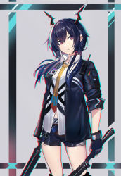 Rule 34 | 1girl, arknights, black gloves, black jacket, black shorts, breasts, ch&#039;en (arknights), chromatic aberration, collared shirt, dress shirt, echj, eyebrows hidden by hair, fingerless gloves, gloves, hair between eyes, hair over shoulder, head tilt, highres, holding, holding weapon, horns, jacket, long hair, looking at viewer, low twintails, necktie, open clothes, open jacket, purple hair, red eyes, shirt, short shorts, short sleeves, shorts, small breasts, solo, twintails, weapon, white shirt, yellow necktie