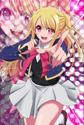 Rule 34 | 1girl, black vest, blonde hair, blue jacket, blush, bow, bowtie, brown footwear, collared shirt, cropped jacket, grey skirt, highres, holding, holding microphone, hoshino ruby, idol, jacket, long hair, long sleeves, microphone, mismatched pupils, music, one side up, open mouth, oshi no ko, pink bow, pink bowtie, pink eyes, pointing, pointing at viewer, school uniform, shirt, sidelocks, singing, skirt, socks, solo, star-shaped pupils, star (symbol), swept bangs, symbol-shaped pupils, teeth, vest, white shirt, white socks, youtou high school uniform, zaofeng, zoom layer