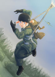Rule 34 | 1girl, absurdres, aircraft, airplane, blonde hair, blue eyes, commentary, day, dutch angle, erica (naze1940), falling, fallschirmjager, full body, germany, gloves, grass, helmet, highres, long hair, luftwaffe, military, combat helmet, military uniform, open mouth, original, parachute, paratrooper, scared, sky, soldier, solo, stahlhelm, tree, uniform, wehrmacht, world war ii