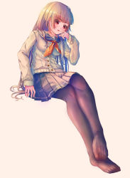 Rule 34 | 1girl, absurdres, bad id, bad pixiv id, black pantyhose, blonde hair, fangxiang cuoluan, feet, feet together, finger to mouth, highres, legs, long hair, no shoes, original, pantyhose, red eyes, school uniform, solo, toes
