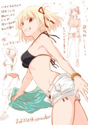 Rule 34 | 1girl, ass, bare arms, bare shoulders, bikini, black bikini, blonde hair, brown eyes, commentary request, cowboy shot, grin, hair ribbon, highres, looking at viewer, lycoris recoil, multiple views, nico (hero300), nishikigi chisato, off-shoulder shirt, off shoulder, open fly, red ribbon, ribbon, shirt, short hair, short shorts, short sleeves, shorts, simple background, smile, standing, stomach, swimsuit, thighs, translation request, white background, white shorts