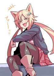 Rule 34 | 1girl, animal ears, blonde hair, boots, borrowed character, cat ears, hair ornament, long hair, looking at viewer, open mouth, original, pantyhose, pine-chan ver. 1, red eyes, simple background, skirt, smile, solo, tukiwani, twintails, white background