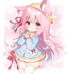 Rule 34 | 1girl, animal ear fluff, animal ears, azur lane, bell, blue shirt, blush, bow, cat ears, cat tail, commentary request, cowboy shot, ears through headwear, flower, hair between eyes, hair ribbon, hat, highres, jingle bell, kindergarten uniform, kisaragi (azur lane), long hair, long sleeves, looking at viewer, miniskirt, momozu komamochi, one side up, own hands together, parted lips, pink background, pink eyes, pink hair, pleated skirt, red flower, red rose, ribbon, rose, sailor collar, school hat, shirt, sidelocks, skindentation, skirt, solo, standing, tail, tail bell, tail ornament, tail ribbon, thighhighs, white sailor collar, white thighhighs, yellow bow, yellow hat, yellow skirt, zettai ryouiki
