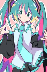 Rule 34 | 1girl, absurdres, aqua eyes, aqua hair, aqua necktie, bare shoulders, black skirt, blush stickers, collared shirt, commentary request, cowboy shot, detached sleeves, dot nose, eyes visible through hair, grey shirt, hair between eyes, hands up, hatsune miku, highres, long hair, long sleeves, looking at viewer, miniskirt, n40a1, necktie, outline, pleated skirt, shirt, skirt, sleeveless, sleeveless shirt, solo, twintails, very long hair, vocaloid, white outline