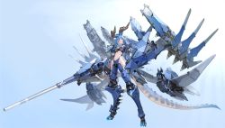 Rule 34 | 1girl, absurdres, blue background, blue hair, blue hat, blue theme, breasts, brown horns, closed mouth, dragon tail, gradient background, groin, hat, head tilt, highres, horns, long hair, looking at viewer, mecha musume, mechanical arms, mechanical legs, mechanical parts, mechanical wings, navel, original, pointy ears, purple eyes, robot, science fiction, signature, single sidelock, solo, standing, tail, takayama toshiaki, thighs, weapon, wings