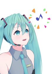 Rule 34 | 1girl, aqua eyes, aqua hair, aqua necktie, bare shoulders, black sleeves, blush, blush stickers, detached sleeves, grey shirt, hair between eyes, hatsune miku, long hair, long sleeves, looking at viewer, looking to the side, masoogenki, musical note, necktie, shirt, sidelocks, simple background, solo, twintails, upper body, very long hair, vocaloid, wavy mouth, white background, wide sleeves