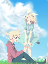 Rule 34 | 1boy, 1girl, aqua eyes, blonde hair, brother and sister, cloud, day, dress, grass, hair ribbon, hands on own knees, highres, hood, hoodie, kagamine len, kagamine rin, leaning forward, open mouth, ponytail, ribbon, short hair, siblings, sitting, skirt, sky, smile, twins, vocaloid, wind, yooguru