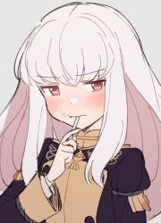 Rule 34 | 1girl, blush, buttons, do m kaeru, fire emblem, fire emblem: three houses, food, food on face, garreg mach monastery uniform, grey background, hair between eyes, holding, holding spoon, long hair, long sleeves, looking at viewer, lysithea von ordelia, nintendo, pink eyes, simple background, solo, spoon, uniform, utensil in mouth, white hair