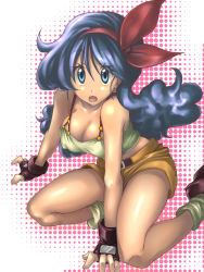 Rule 34 | 1girl, bad id, bad pixiv id, bare shoulders, blue eyes, blue hair, bow, breasts, cleavage, covered erect nipples, curly hair, dragon ball, fingerless gloves, gloves, ikkun (studio ibusos), kneeling, large breasts, lunch (dragon ball), lunch (good) (dragon ball), matching hair/eyes, shorts, solo