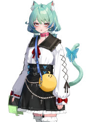 Rule 34 | 1girl, :p, absurdres, animal bag, animal ear fluff, animal ears, bag, black skirt, blue hair, cat ears, cat girl, cat tail, collar, commentary request, cowboy shot, ear piercing, extra ears, garter straps, green hair, high-waist skirt, highres, hololive, long sleeves, mikan (chipstar182), multicolored hair, piercing, pink collar, piyoko (uruha rushia), puffy long sleeves, puffy sleeves, red eyes, red ribbon, ribbon, shirt, shoulder bag, simple background, skirt, sleeves past wrists, solo, streaked hair, tail, thighhighs, tongue, tongue out, twintails, uruha rushia, virtual youtuber, white background, white shirt, white thighhighs