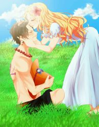Rule 34 | 1boy, 1girl, back tattoo, black hair, blonde hair, blue dress, blush, character name, closed eyes, cloud, commentary request, dress, flower, freckles, grass, hair flower, hair ornament, happy birthday, hat, highres, holding, holding clothes, holding hat, jewelry, kiss, kissing forehead, long dress, long hair, mother and son, nanana43a, necklace, one piece, pearl necklace, portgas d. ace, portgas d. rouge, profile, puffy short sleeves, puffy sleeves, short hair, short sleeves, sitting, sky, tattoo, topless male, wavy hair