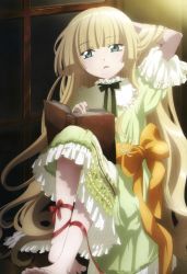 Rule 34 | 1girl, absurdres, amisaki ryouko, arm behind head, arm up, barefoot, blonde hair, book, dress, feet, frilled dress, frills, gosick, green eyes, highres, kazui hiroko, long hair, looking away, nyantype, official art, open book, ribbon, scan, sitting, solo, toes, very long hair, victorica de blois