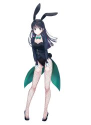 Rule 34 | 1girl, absurdres, animal ears, black hair, blue eyes, blush, breasts, cleavage, closed mouth, detached collar, dress, fake animal ears, fake tail, fishnet pantyhose, fishnets, full body, hair ornament, hairclip, high heels, highres, hime cut, leotard, long hair, long sleeves, looking at viewer, mahouka koukou no rettousei, medium breasts, pantyhose, playboy bunny, rabbit ears, rabbit tail, ribbon, shiba miyuki, skirt, solo, standing, tail, white background, wrist cuffs
