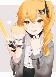 Rule 34 | 1girl, akita neru, black skirt, blonde hair, blouse, character doll, commentary, doll, facial mask, frilled shirt, frills, glowstick, grey jacket, hair ornament, hair tie, highres, holding, holding doll, holding glowstick, jacket, jewelry, kagamine len, lips, looking at viewer, mask, unworn mask, medium hair, nail polish, penlight (glowstick), ponytail, ring, shirt, side ponytail, skirt, solo, tsugumi 0209, upper body, vocaloid, white shirt, yellow eyes, yellow nails