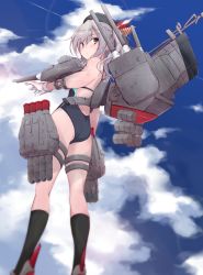 Rule 34 | 1girl, adapted turret, black socks, blue eyes, blue sky, cannon, cloud, commentary request, competition swimsuit, from behind, from below, gloves, grey eyes, kantai collection, kashima (kancolle), kneehighs, looking at viewer, looking back, machinery, one-piece swimsuit, rudder footwear, sidelocks, silver hair, sky, smokestack, socks, solo, standing, swimsuit, torpedo launcher, tsurime, turret, twintails, wavy hair, white gloves, yumesato makura