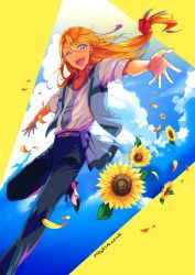 Rule 34 | 1boy, ;d, akai higasa, alternate costume, artist name, belt, black pants, blonde hair, blouse, blue belt, blue eyes, blue necktie, blue sky, blue vest, collared shirt, falling petals, floating hair, flower, foot out of frame, hair between eyes, hair ribbon, highres, leg up, licht von granzreich, long hair, looking at viewer, loose necktie, low-tied long hair, male focus, necktie, one eye closed, open clothes, open collar, open mouth, open vest, oushitsu kyoushi heine, outstretched arms, pants, petals, red ribbon, ribbon, saddle shoes, shirt, shoes, short sleeves, sky, smile, solo, spread arms, sunflower, teeth, upper teeth only, vest, white shirt