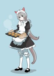 Rule 34 | 1girl, alternate costume, alternate hairstyle, animal ears, apron, baking sheet, black dress, black footwear, bloomers, blue background, bow, bowtie, closed mouth, dress, enmaided, full body, grey hair, highres, horse ears, horse girl, horse tail, juliet sleeves, long hair, long sleeves, looking at viewer, low ponytail, maid, maid apron, maid headdress, mary janes, oven mitts, pantyhose, petticoat, puffy sleeves, rongai rongai, shoes, signature, solo, steam, tail, tamamo cross (umamusume), umamusume, underwear, white pantyhose