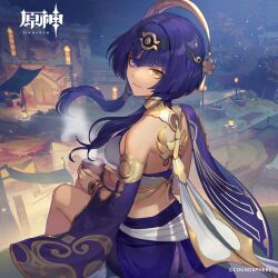 Rule 34 | 1girl, absurdres, bare shoulders, blue eyes, blue hair, breasts, candace (genshin impact), dark-skinned female, dark skin, egyptian clothes, eye of horus, genshin impact, hair ornament, heterochromia, highres, jewelry, long hair, looking at viewer, looking back, official art, short hair with long locks, sidelocks, sitting, smile, solo, yellow eyes