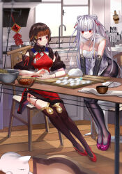 Rule 34 | 2girls, alternate costume, alternate hairstyle, black gloves, blunt bangs, bowl, braid, breasts, brown hair, cat, chair, china dress, chinese clothes, chinese new year, chopsticks, cleavage, cleavage cutout, closed mouth, clothing cutout, damingjiuai sevens, double bun, dress, dumpling, elbow gloves, essex (warship girls r), firecrackers, food, galo (warship girls r), gloves, hair bun, hair ornament, hair ribbon, high heels, highres, indoors, kitchen, knife, large breasts, long hair, medium breasts, multiple girls, pantyhose, pink footwear, plate, purple footwear, red dress, red eyes, red footwear, red ribbon, ribbon, shoes, short sleeves, sitting, smile, table, thighband pantyhose, thighhighs, two side up, very long hair, warship girls r, white hair, wooden floor, yat sen (warship girls r)