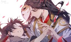 Rule 34 | 2boys, 2ha spoiler, aged down, bishounen, brown hair, chinese clothes, earrings, eyepatch, high ponytail, highres, holding hands, hua cheng, jewelry, long hair, long sleeves, looking at another, male focus, mask, mask on head, multiple boys, petals, red eyes, tianguan cifu, xie lian, yaoi, yellow eyes