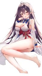 Rule 34 | 1girl, absurdres, afindex, ahoge, ass, barefoot, black hair, blue bow, blue bowtie, bow, bowtie, breasts, cleavage, commentary, dress, elf, highres, large breasts, long hair, open mouth, original, pointy ears, red eyes, sash, simple background, sitting, solo, white background, white dress, yokozuwari