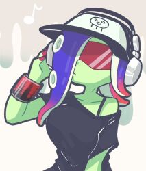 Rule 34 | 1girl, baseball cap, black dress, blue hair, breasts, closed mouth, collarbone, colored skin, commentary request, dedf1sh, dress, gradient hair, green skin, grey background, hat, headphones, hekoningyou (waraningyou), large breasts, multicolored hair, musical note, nintendo, octoling, print headwear, red-tinted eyewear, red hair, sanitized (splatoon), single bare shoulder, solo, splatoon (series), splatoon 3, splatoon 3: side order, sunglasses, tinted eyewear, two-tone hair, upper body