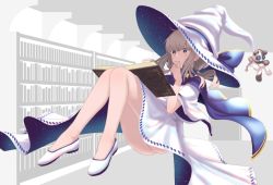 Rule 34 | 1girl, blonde hair, blue bow, blue cape, blue eyes, book, book on lap, bookshelf, bow, cape, dress, floating, hand on own chin, hat, hat bow, krmtdng (pendago), no panties, open book, original, reading, shoes, sidelocks, solo, space print, star (symbol), starry sky print, stuffed animal, stuffed toy, teddy bear, twintails, white dress, white footwear, white hat, wide sleeves, witch, witch hat