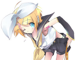 Rule 34 | 1girl, ahoge, arm warmers, belt, bent over, black shorts, blonde hair, blouse, blue eyes, bow, clothes pull, downpants, flying sweatdrops, glowing, hair bow, hair ornament, hairclip, headphones, kagamine rin, legs apart, looking at viewer, lowres, mugen dai, one eye closed, open fly, panties, pulled by self, ribbon, sailor collar, shirt, short hair, shorts, shorts pull, simple background, sleeveless, solo, swept bangs, unbuttoned, underwear, undressing, vocaloid, white background, white bow, white panties, white shirt, yellow ribbon