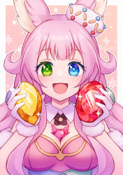 Rule 34 | 1girl, :d, absurdres, animal ears, blue eyes, blush, breasts, chest jewel, cleavage, collar, commentary, detached collar, fur-trimmed gloves, fur trim, gem, gloves, green eyes, hair flaps, heterochromia, highres, holding, holding gem, kururu (princess connect!), leotard, long hair, looking at viewer, medium breasts, open mouth, pink background, pink hair, pink leotard, princess connect!, red gemstone, runa (runa7733), smile, solo, twitter username, white collar, white gloves, yellow gemstone