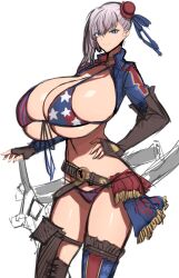 Rule 34 | 1girl, absurdres, alternate breast size, american flag bikini, american flag print, asymmetrical hair, bikini, boots, bow swimsuit, breasts, bun cover, fate/grand order, fate (series), fingerless gloves, flag print, gloves, gunblade, hair bun, hand on own hip, highres, huge breasts, looking at viewer, miyamoto musashi (fate), miyamoto musashi (fate/grand order), miyamoto musashi (swimsuit berserker) (fate), miyamoto musashi (swimsuit berserker) (second ascension) (fate), print bikini, shrug (clothing), side-tie swimsuit, single hair bun, single hair intake, single side bun, single sidelock, single thigh boot, standing, swept bangs, swimsuit, thigh boots, two-tone swimsuit, weapon, white background, wolffeld price