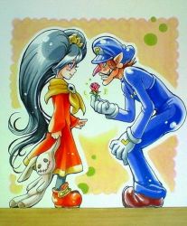 Rule 34 | 1boy, 1girl, anei, ashley (warioware), big hair, black hair, blush, dress, facial hair, flower, gift, gloves, hat, height difference, long hair, long nose, mario (series), marker (medium), mustache, nintendo, overalls, pantyhose, red flower, red rose, rose, shoes, smile, squatting, stuffed animal, stuffed rabbit, stuffed toy, traditional media, twintails, waluigi, warioware