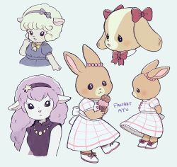 Rule 34 | 4girls, :&lt;, :3, :d, animal ears, ayu (mog), bell, blonde hair, blue dress, blush, bow, bowtie, character request, dog ears, dress, ear bow, ear ornament, ear ribbon, food, furry, furry female, hair bow, hairband, holding, holding food, ice cream, long hair, looking at viewer, maple town, multiple girls, neck bell, open mouth, pink hair, rabbit ears, red bow, sheep ears, signature, smile, white dress, yellow bow, yellow bowtie