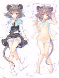 Rule 34 | 1girl, animal ears, barefoot, bed, bed sheet, bloomers, breasts, camisole, capelet, clothes lift, dakimakura (medium), grey hair, hand to own mouth, jewelry, knees together feet apart, lying, mouse ears, mouse tail, multiple views, nazrin, neck ring, necklace, panties, panty pull, pendant, pillow, red eyes, shirt lift, short hair, small breasts, socks, tail, tomobe kinuko, touhou, underwear, undressing, white legwear
