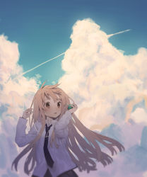 Rule 34 | 1girl, bad id, bad pixiv id, blonde hair, blurry, brown eyes, cloud, contrail, day, depth of field, digital media player, earbuds, earphones, hirota tsuu, kstaisa, long hair, looking away, looking up, necktie, open mouth, original, school uniform, sky, solo