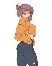 Rule 34 | 1girl, ass, ass focus, blue pants, blush, closed mouth, cowboy shot, crop top, crop top overhang, cropped sweater, denim, elliemaplefox, from behind, from side, glasses, green eyes, hair bun, highres, jeans, legs apart, looking at viewer, midriff, orange sweater, original, pants, red-framed eyewear, ribbed sweater, round eyewear, sidelocks, sideways glance, simple background, single hair bun, sleeves past fingers, sleeves past wrists, solo, sweater, thick thighs, thighs, turtleneck, turtleneck sweater, white background