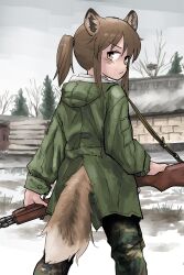 Rule 34 | 1girl, :&lt;, absurdres, animal ear fluff, animal ears, bare tree, brown eyes, brown hair, camouflage, camouflage pants, closed mouth, clothing cutout, commentary request, day, fox ears, fox girl, fox girl (yihan1949), fox tail, green jacket, gun, highres, holding, holding gun, holding weapon, hood, hood down, hooded jacket, jacket, long sleeves, looking at viewer, looking back, original, outdoors, pants, ponytail, rifle, skirt, snow, solo, standing, tail, tail through clothes, tree, weapon, weapon request, yihan1949, yihan world